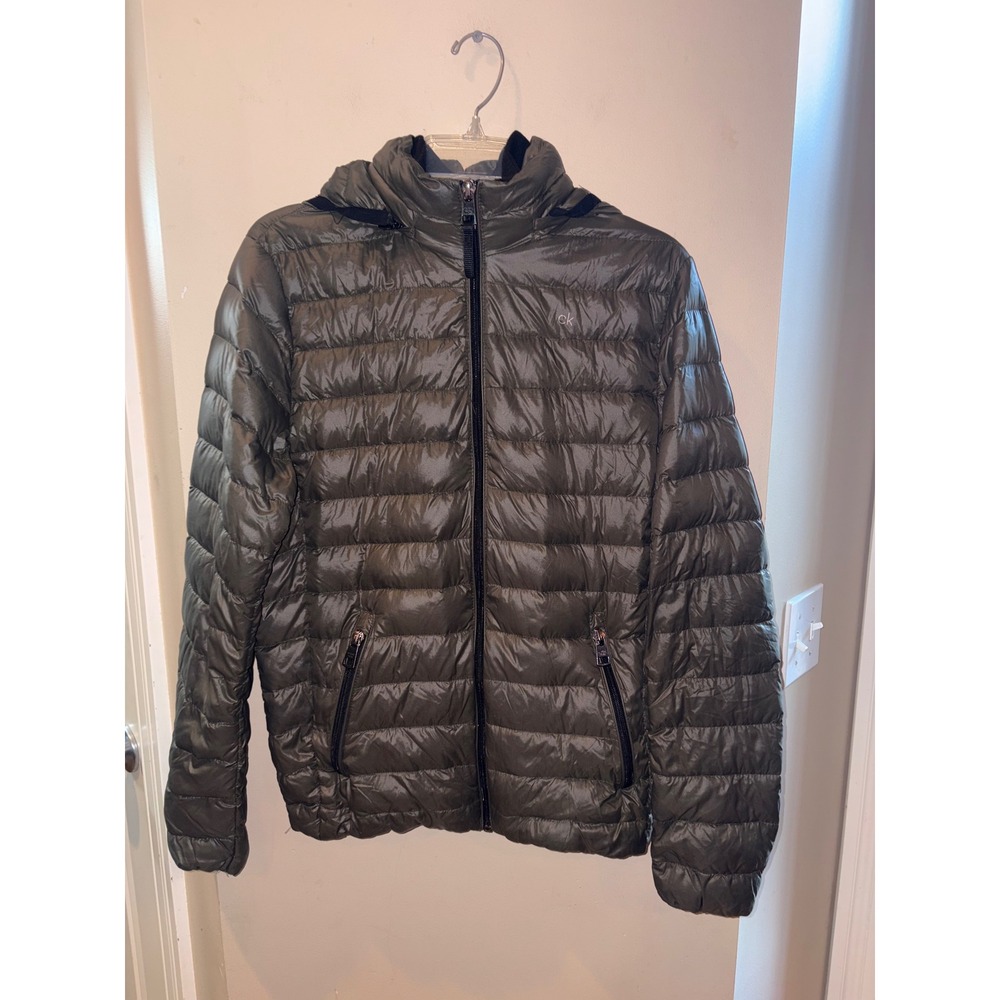 Calvin Klein Womens Packable Premium Down Puffer Jacket Olive Green Hooded S
